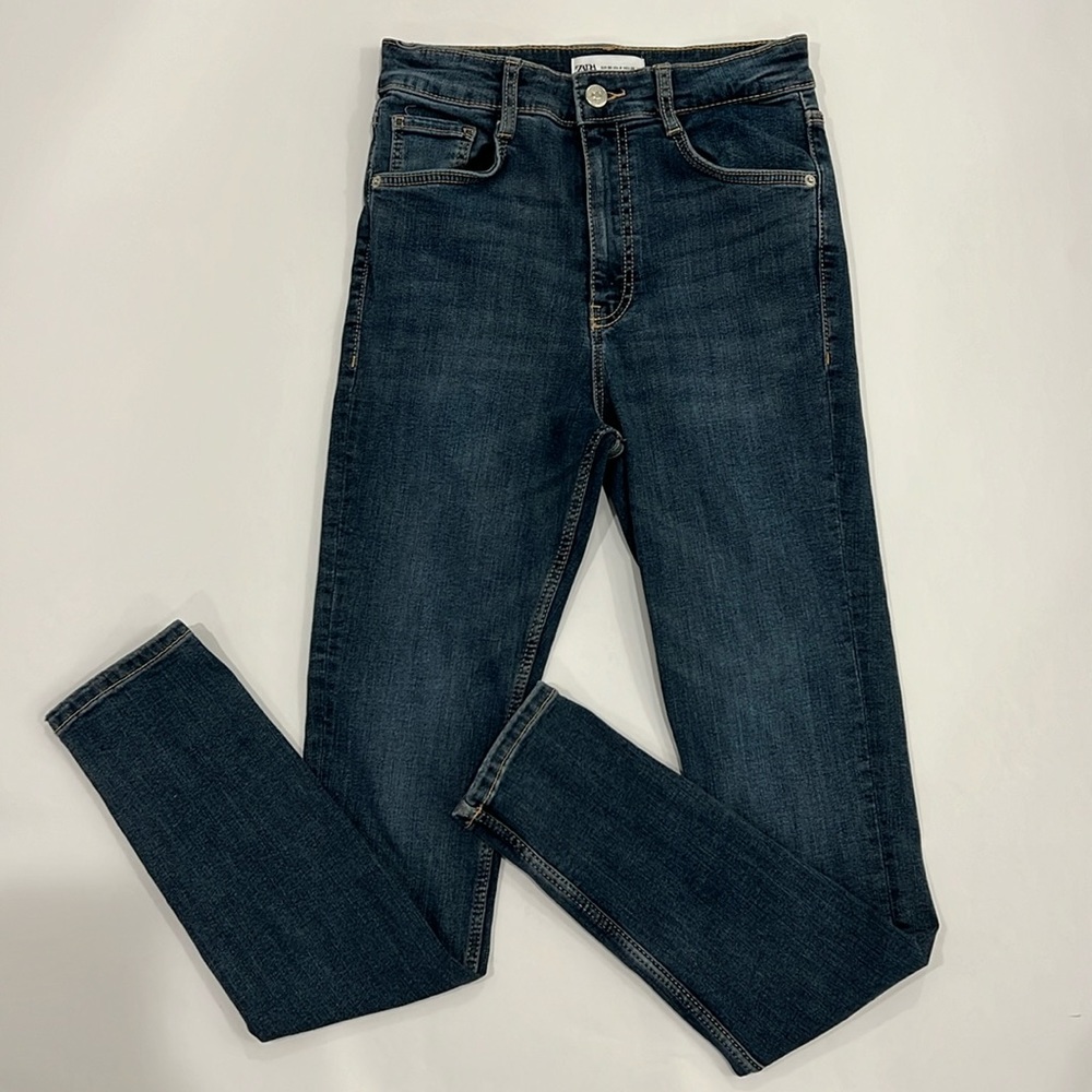 Zara high waited blue full length super skinny jeans size 4